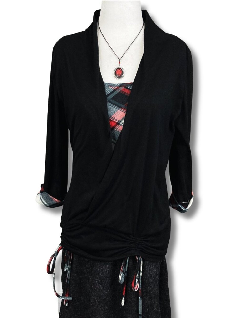 DRESSFO Black wrap top w/ built-in plaid spaghetti strap camisole MEDIUM LARGE